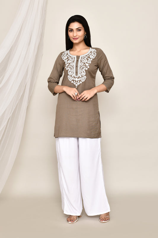 Olive Brown Short Kurti/Top With Chikankari Embroidery