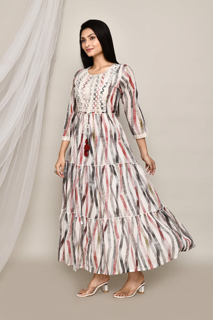 Brush Stroke Printed Dress Gown with Belt and Neck Embroidery