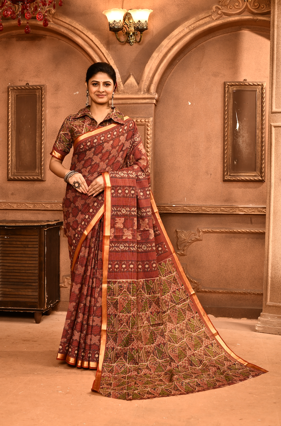 Roopkaantha Sanjukta - Rust Orange Blue 100% Organic Cotton Saree with BP