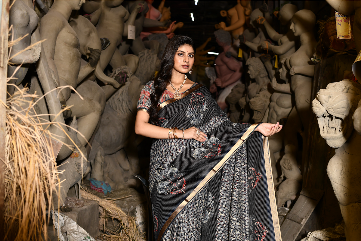 Roopkaantha Keya - Black 100% Organic Cotton Saree with BP