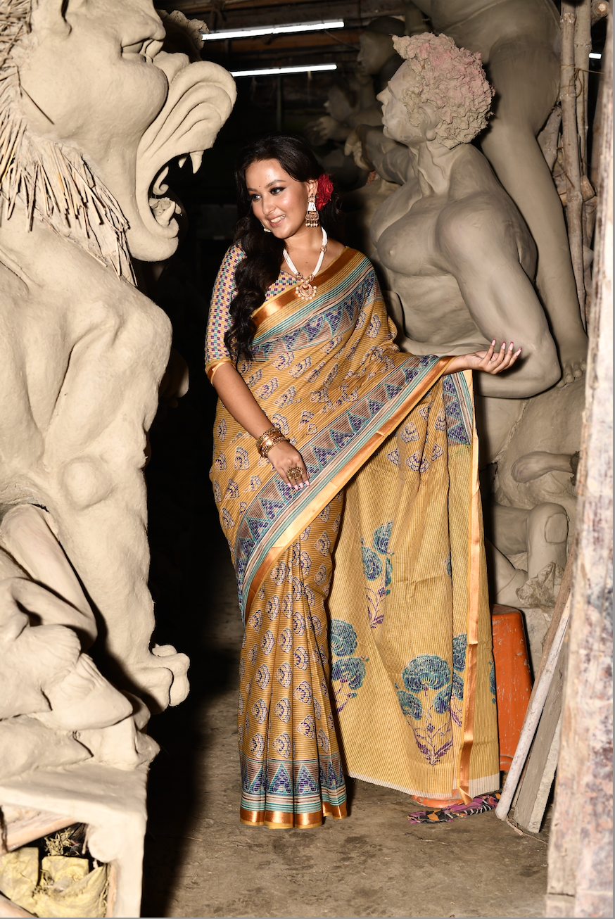 Roopkaantha Anwesha - Yellow 100% Organic Cotton Saree with BP