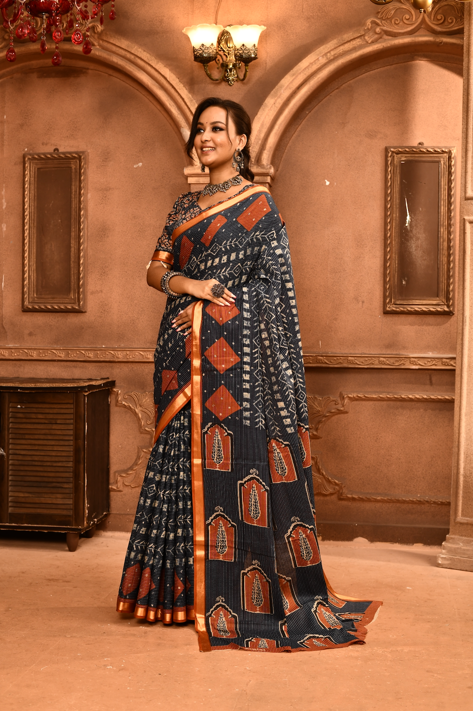 Roopkaantha Tithi - Navy Blue 100% Organic Cotton Saree with BP