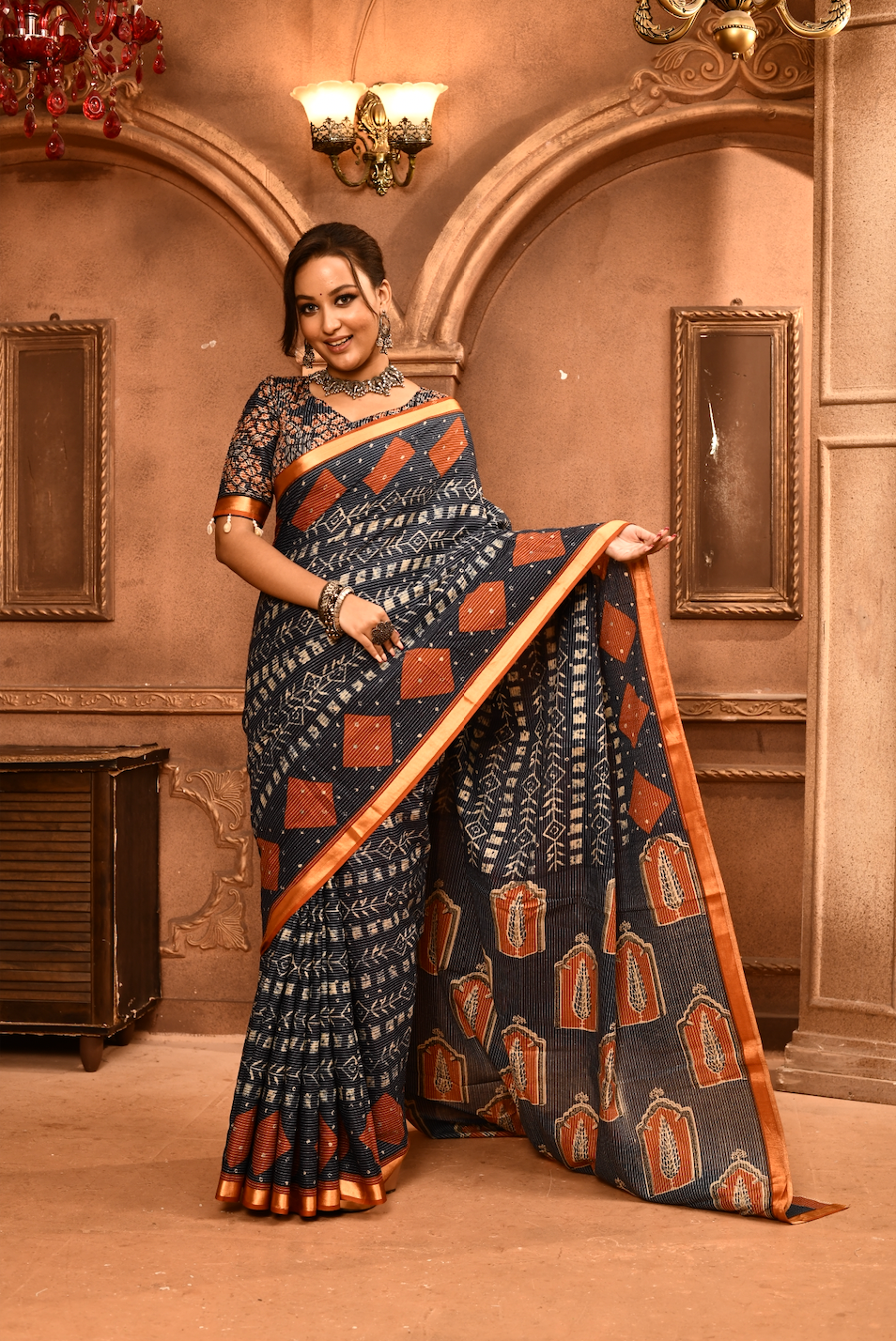Roopkaantha Tithi - Navy Blue 100% Organic Cotton Saree with BP