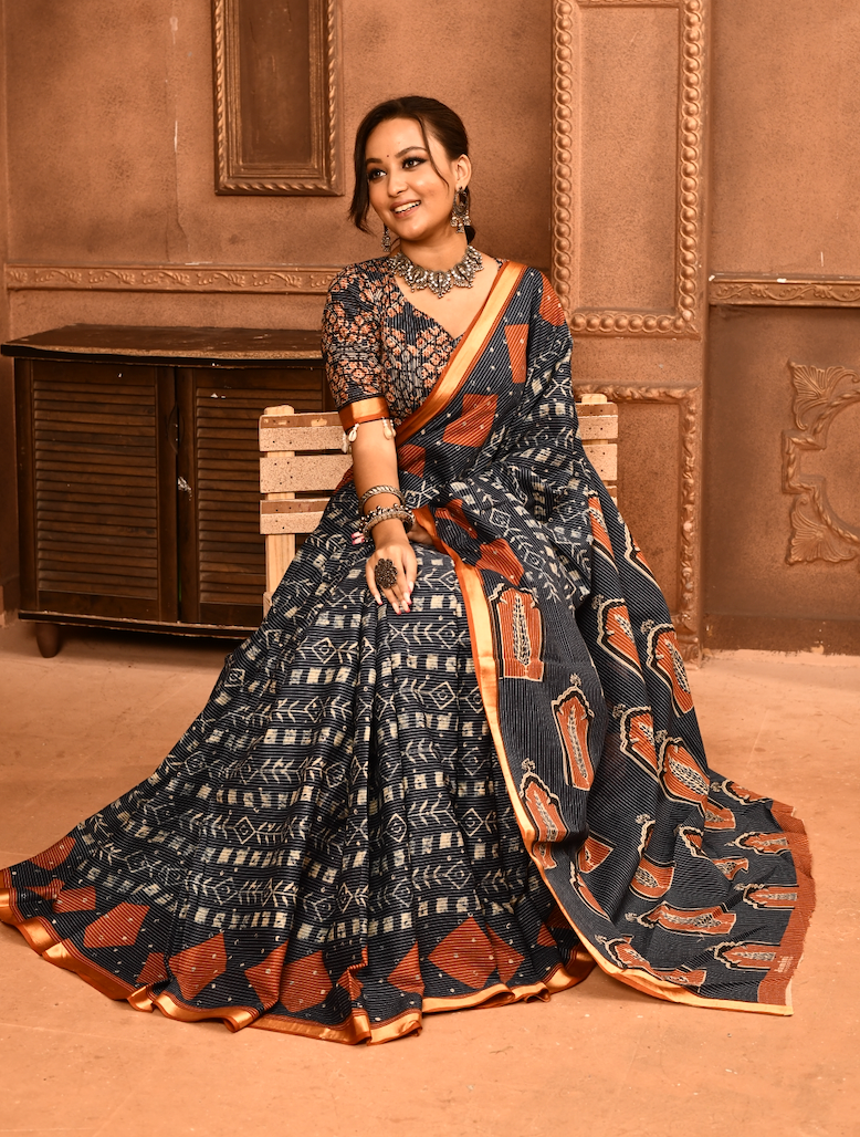 Roopkaantha Tithi - Navy Blue 100% Organic Cotton Saree with BP